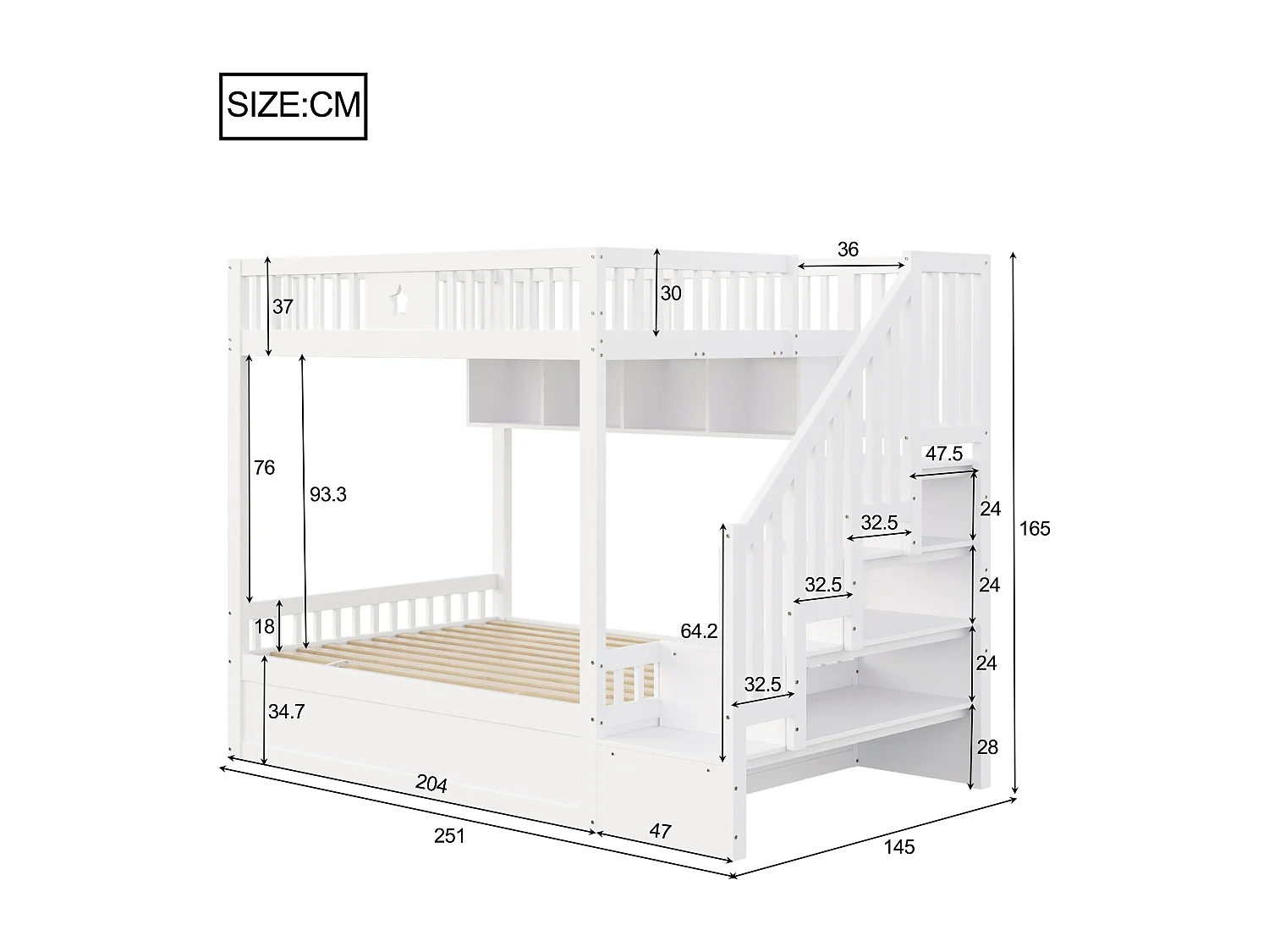 Lit superposés enfant - 2 x 140 x 200 cm - avec rangement hydraulique + escalier de rangement + étagères - bois - blanc