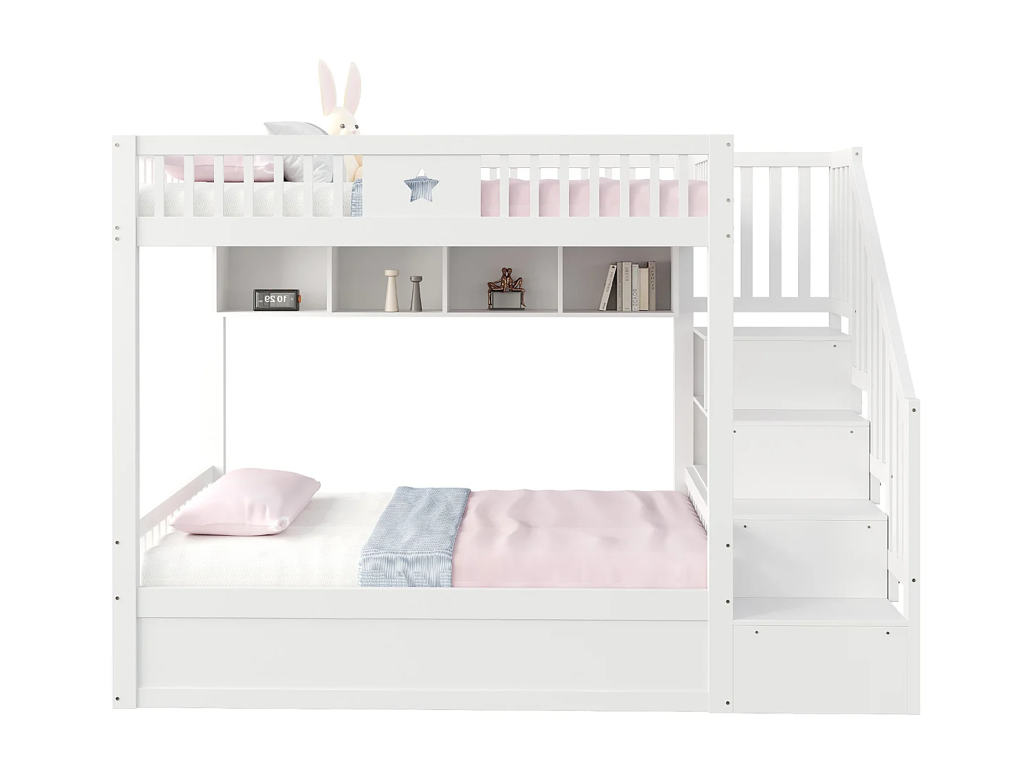 Lit superposés enfant - 2 x 140 x 200 cm - avec rangement hydraulique + escalier de rangement + étagères - bois - blanc