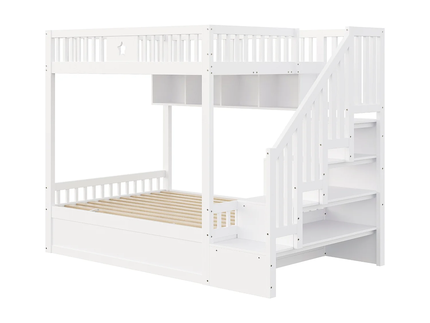Lit superposés enfant - 2 x 140 x 200 cm - avec rangement hydraulique + escalier de rangement + étagères - bois - blanc