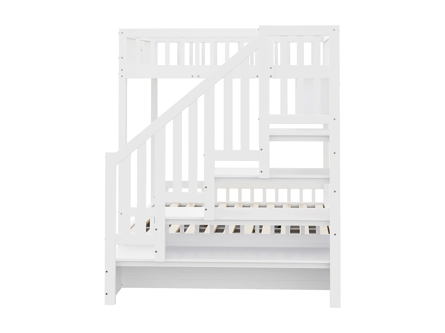 Lit superposés enfant - 2 x 140 x 200 cm - avec rangement hydraulique + escalier de rangement + étagères - bois - blanc