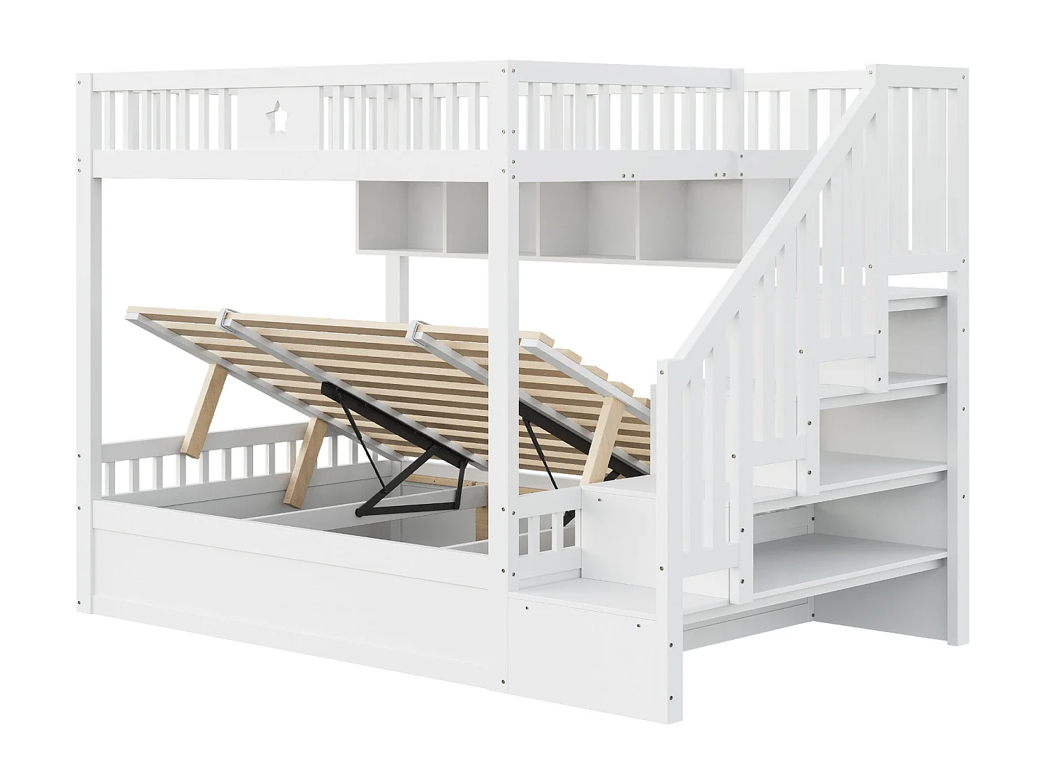 Lit superposés enfant - 2 x 140 x 200 cm - avec rangement hydraulique + escalier de rangement + étagères - bois - blanc