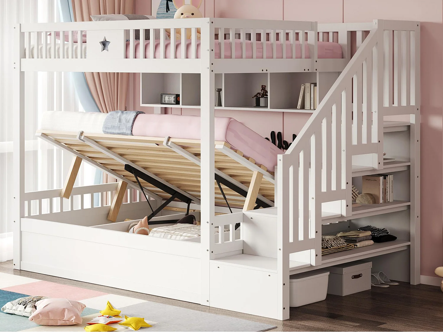Lit superposé 140x200cm - Lit coffre en dessous - avec échelle de sécurité - avec coffre de rangement - blanc