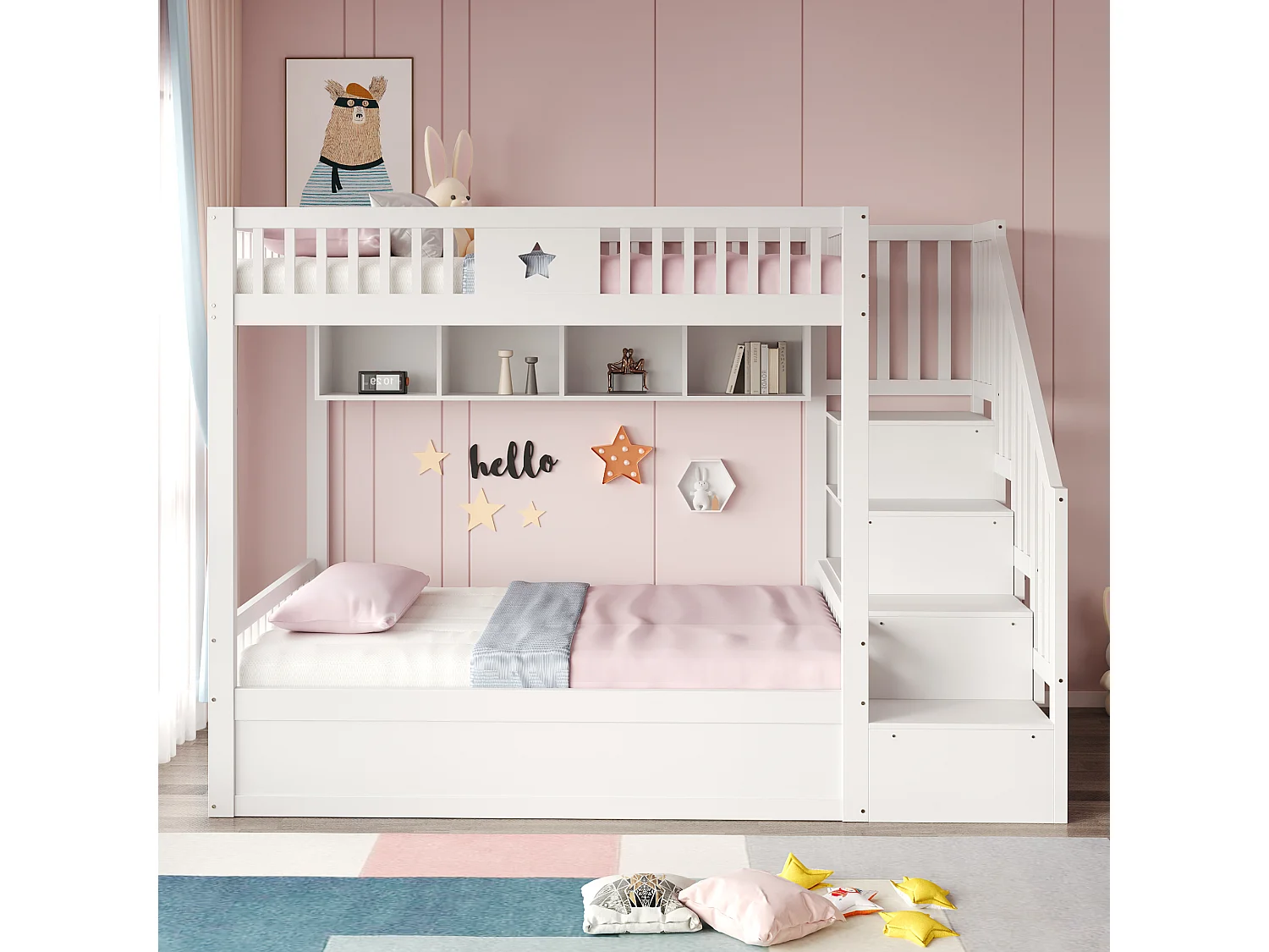 Lit superposé 140x200cm - Lit coffre en dessous - avec échelle de sécurité - avec coffre de rangement - blanc