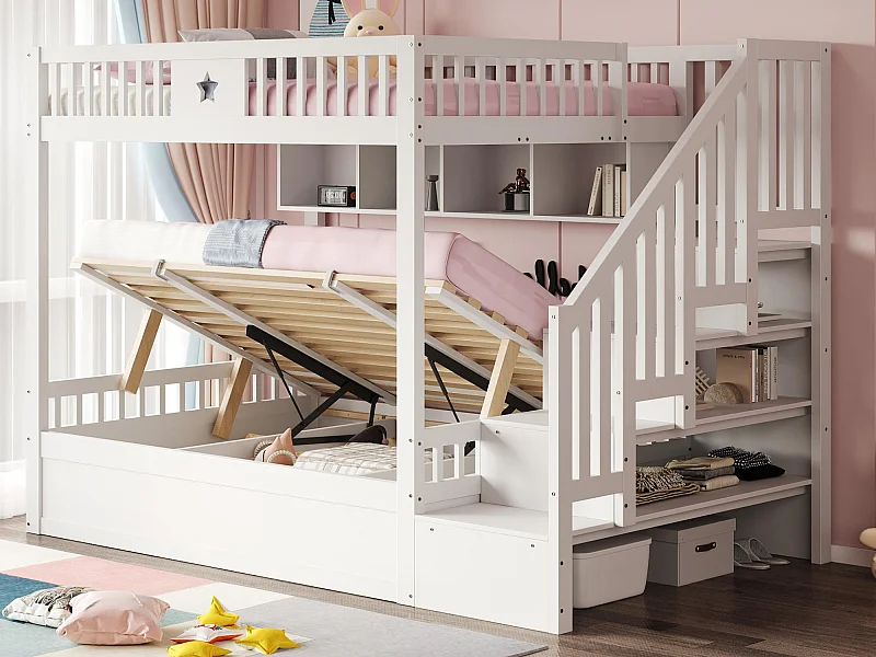 Lit superposé 140x200cm - Lit coffre en dessous - avec échelle de sécurité - avec coffre de rangement - blanc