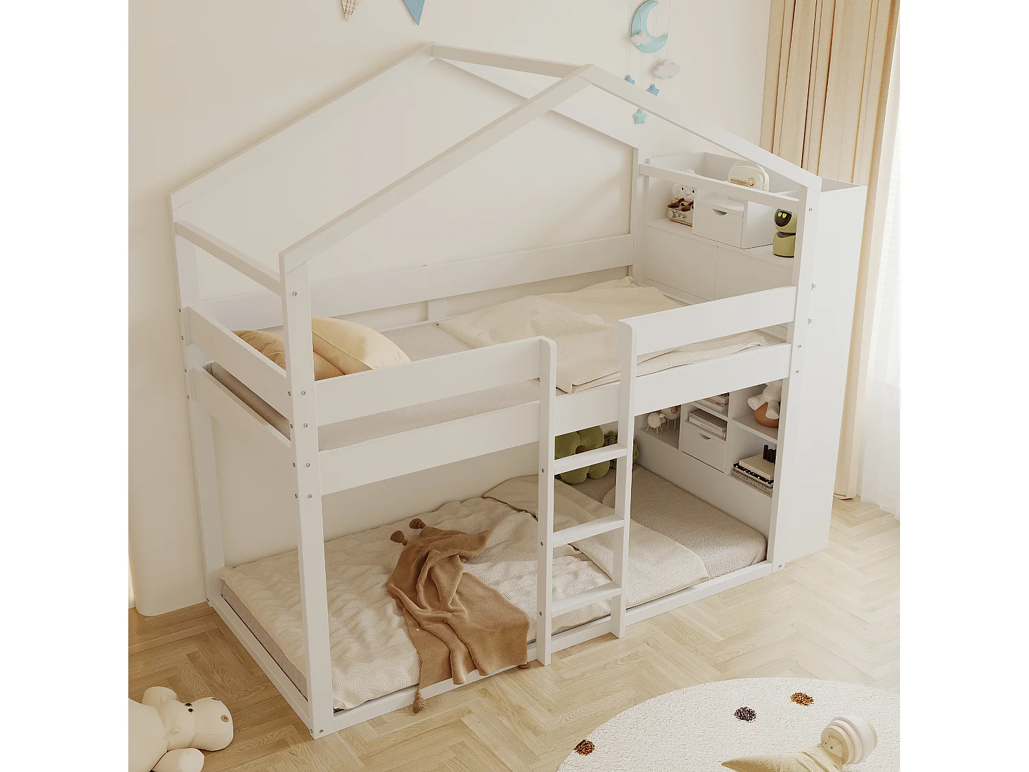 Lit superposé 90x200 cm - avec compartiments de rangement - avec 2 petits tiroirs - blanc (matelas non inclus)