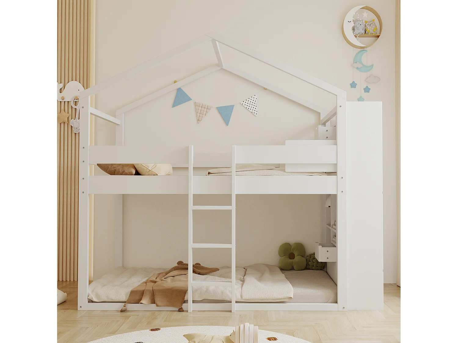 Lit superposé 90x200 cm - avec compartiments de rangement - avec 2 petits tiroirs - blanc (matelas non inclus)