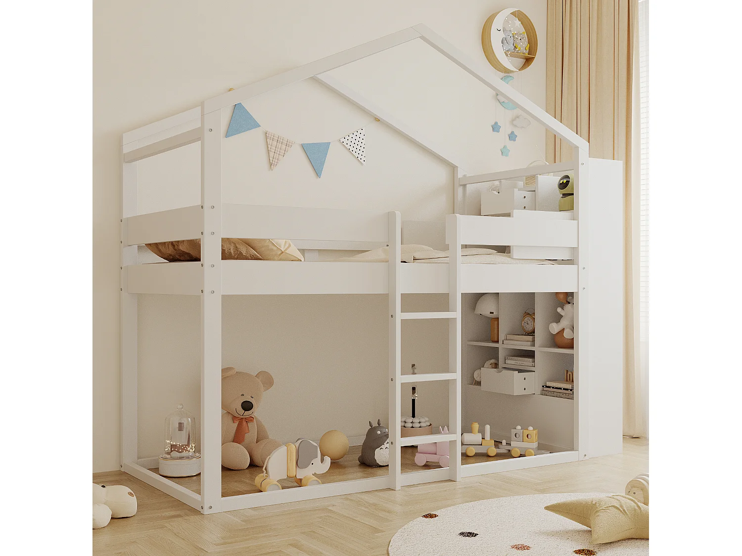 Lit superposé 90x200 cm - avec compartiments de rangement - avec 2 petits tiroirs - blanc (matelas non inclus)