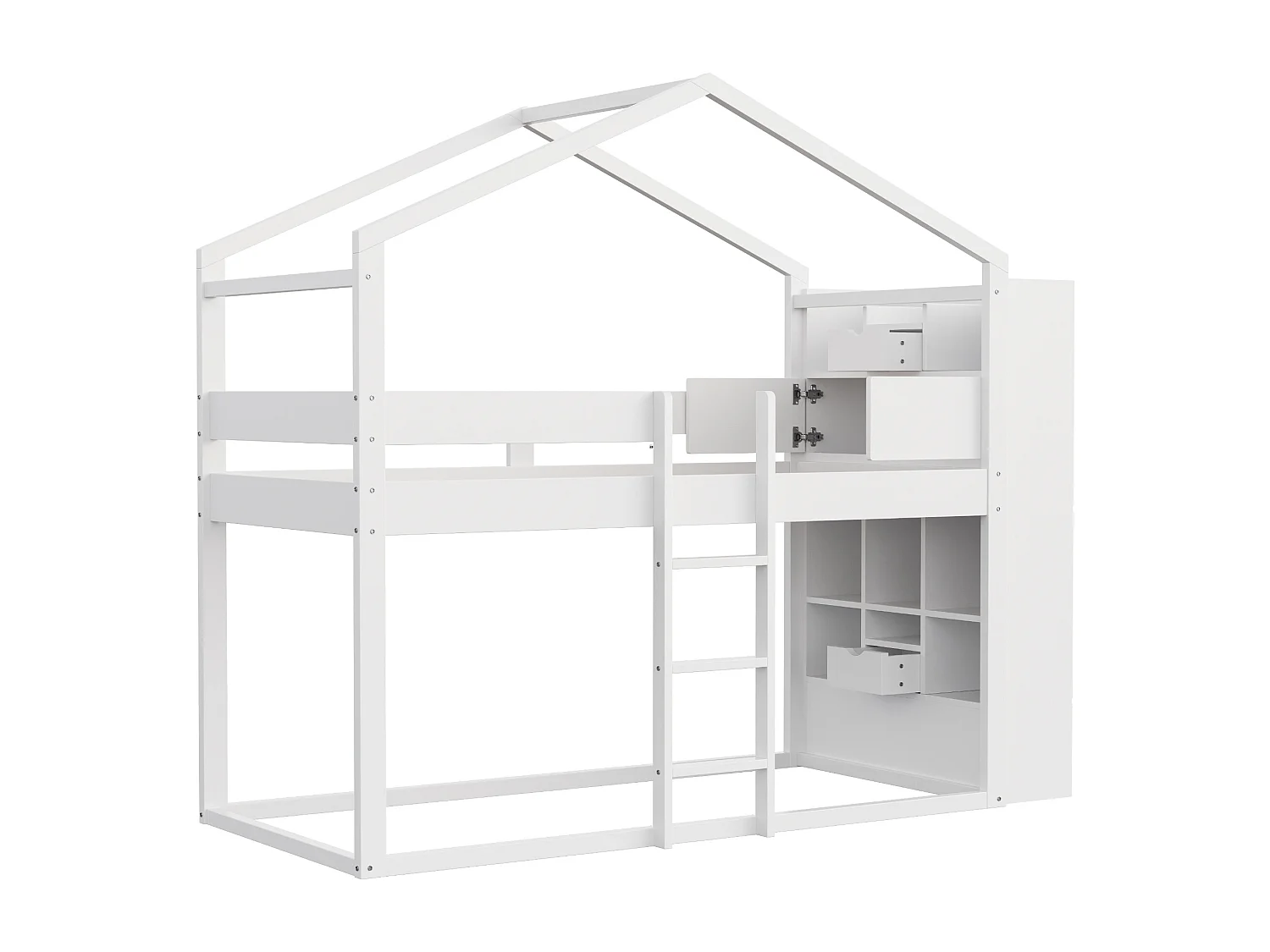 Lit superposé 90x200 cm - avec compartiments de rangement - avec 2 petits tiroirs - blanc (matelas non inclus)