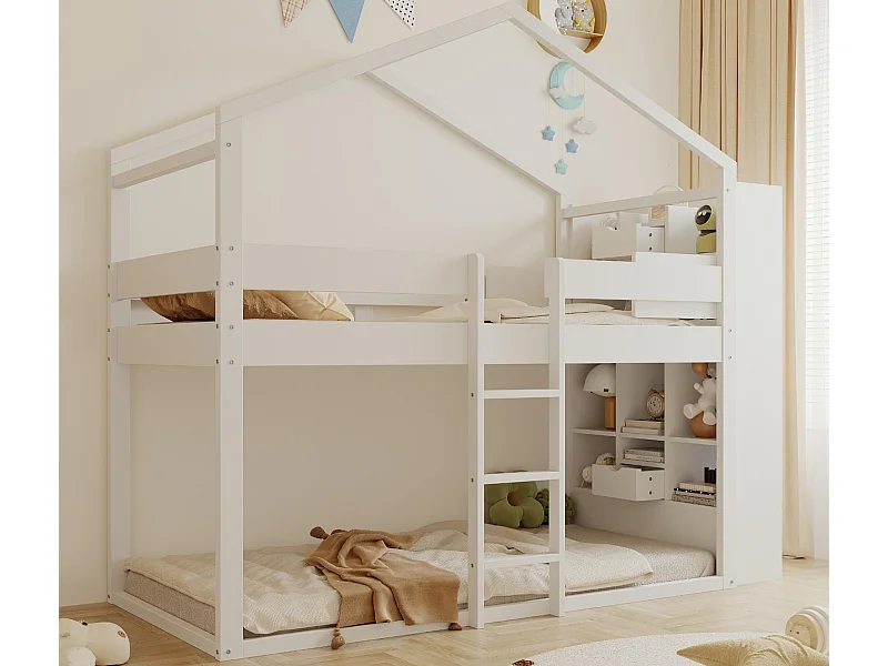 Lit superposé 90x200 cm - avec compartiments de rangement - avec 2 petits tiroirs - blanc (matelas non inclus)