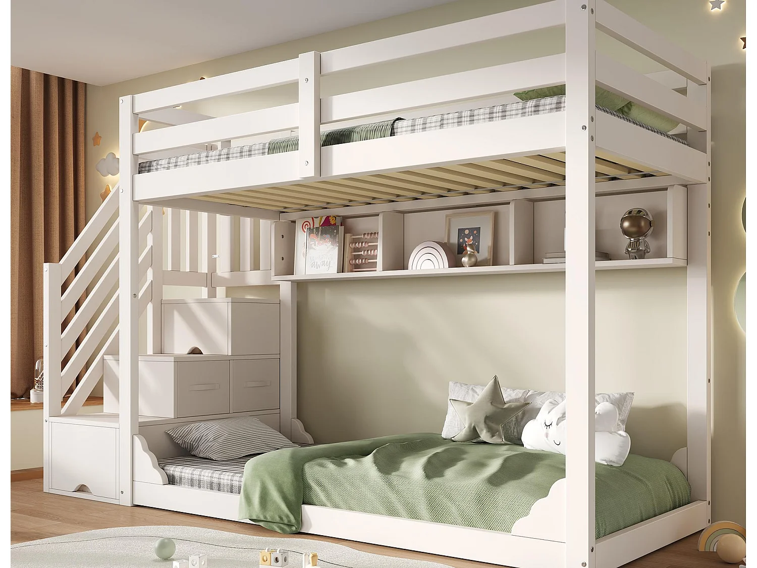 Lit superposé 90x200cm - avec escalier de rangement et étagères - avec 2 tiroirs - Bois massif + panneaux de particules - Blanc (sans matelas)