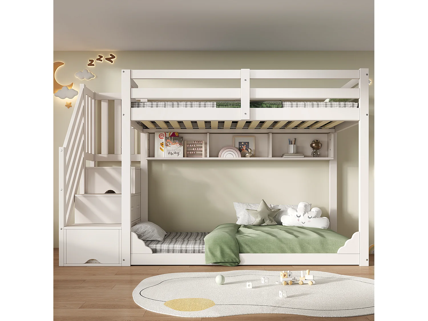 Lit superposé 90x200cm - avec escalier de rangement et étagères - avec 2 tiroirs - Bois massif + panneaux de particules - Blanc (sans matelas)