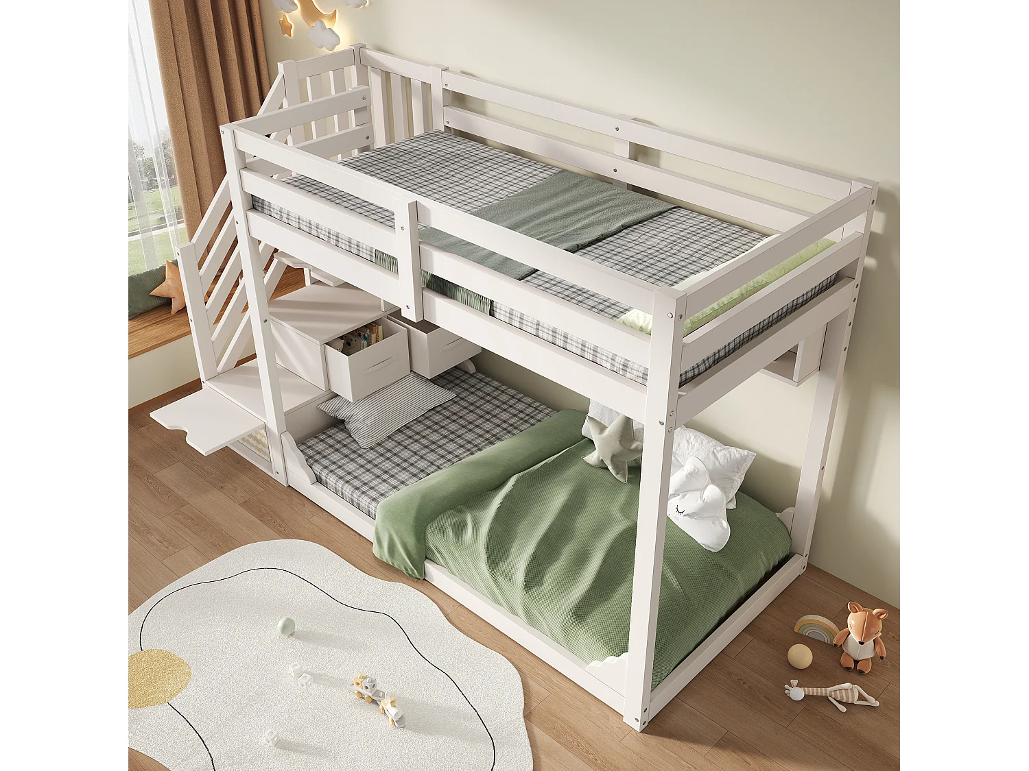 Lit superposé 90x200cm - avec escalier de rangement et étagères - avec 2 tiroirs - Bois massif + panneaux de particules - Blanc (sans matelas)