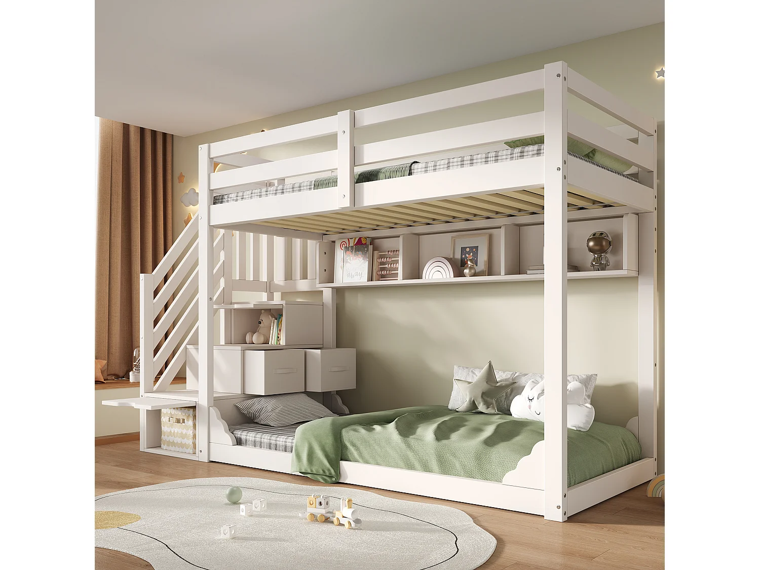 Lit superposé 90x200cm - avec escalier de rangement et étagères - avec 2 tiroirs - Bois massif + panneaux de particules - Blanc (sans matelas)