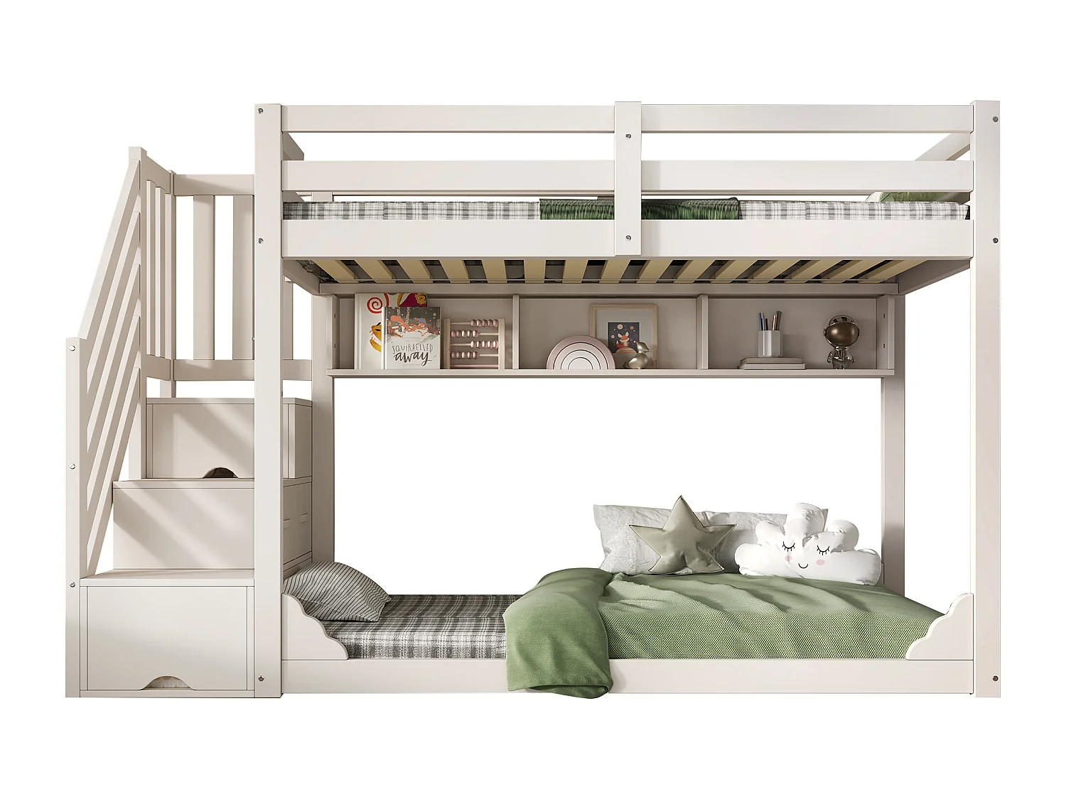 Lit superposé 90x200cm - avec escalier de rangement et étagères - avec 2 tiroirs - Bois massif + panneaux de particules - Blanc (sans matelas)