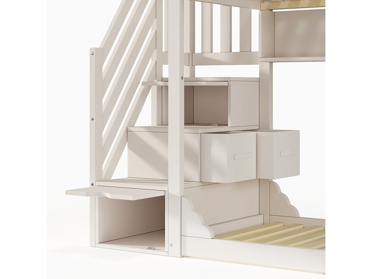 Lit superposé 90x200cm - avec escalier de rangement et étagères - avec 2 tiroirs - Bois massif + panneaux de particules - Blanc (sans matelas)