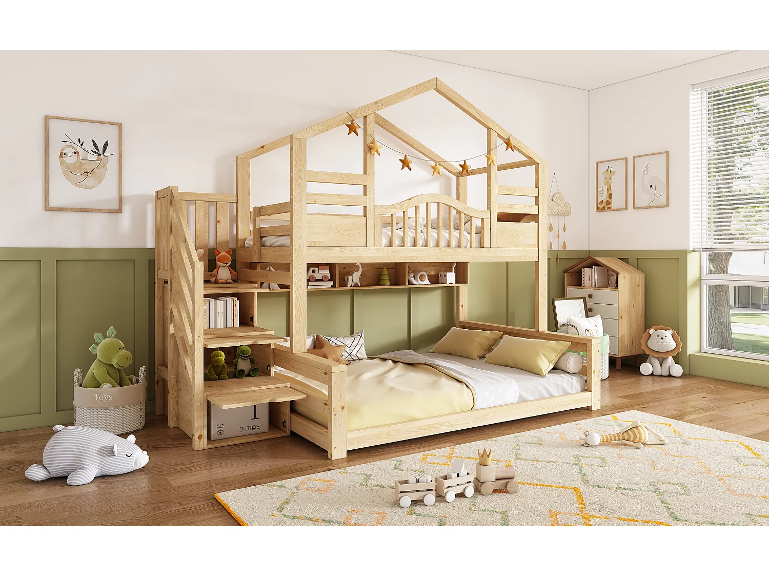 Lit superposé enfant 90x200cm et 140x200cm - Lit cabane avec rangemnet - Naturel clair