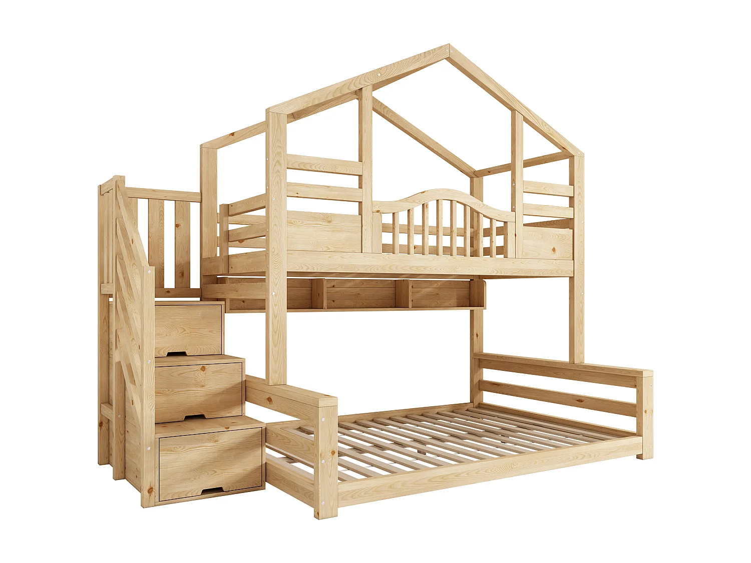 Lit superposé enfant 90x200cm et 140x200cm - Lit cabane avec rangemnet - Naturel clair