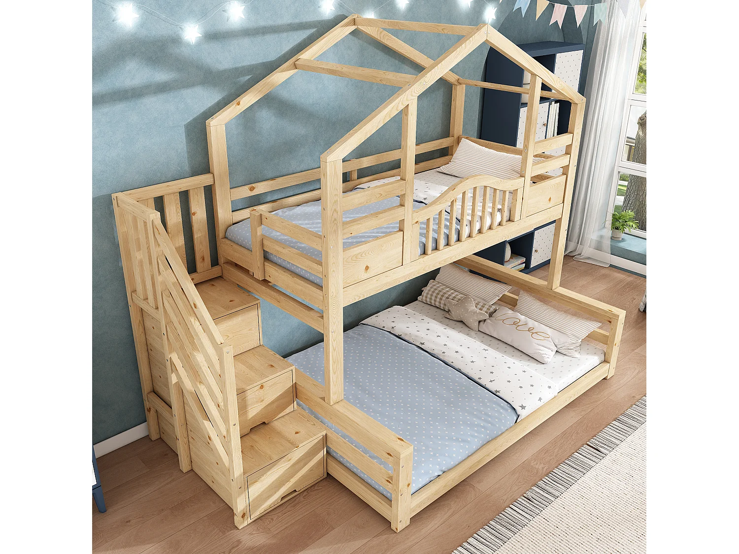 Lit superposé enfant 90x200cm et 140x200cm - Lit cabane avec rangemnet - Naturel clair