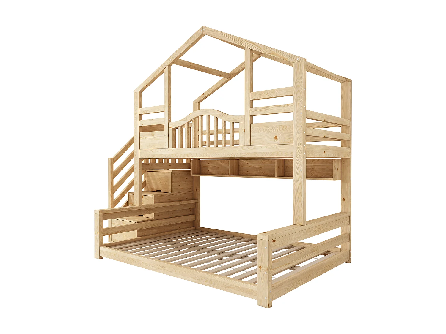 Lit superposé enfant 90x200cm et 140x200cm - Lit cabane avec rangemnet - Naturel clair