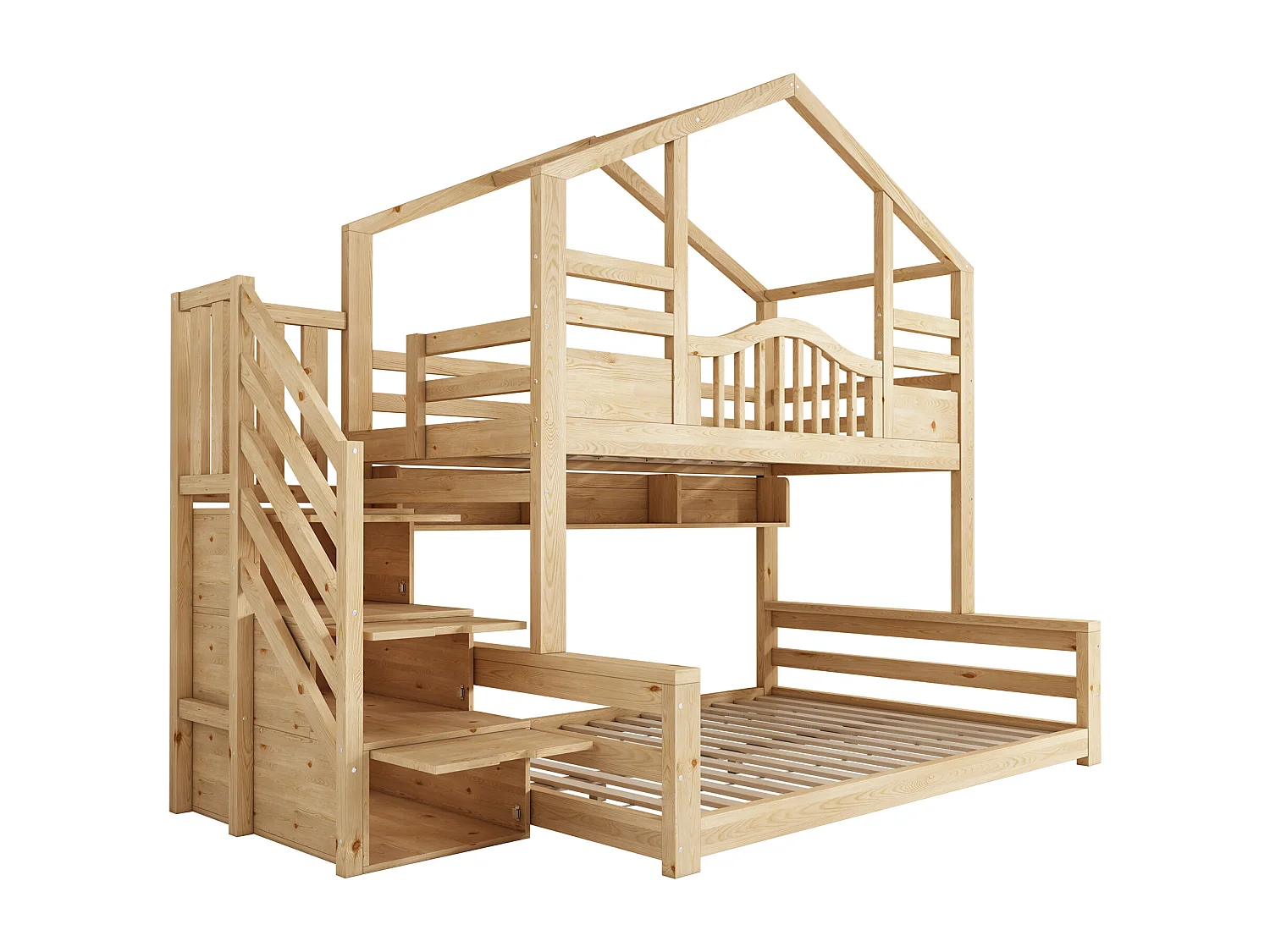 Lit superposé enfant 90x200cm et 140x200cm - Lit cabane avec rangemnet - Naturel clair