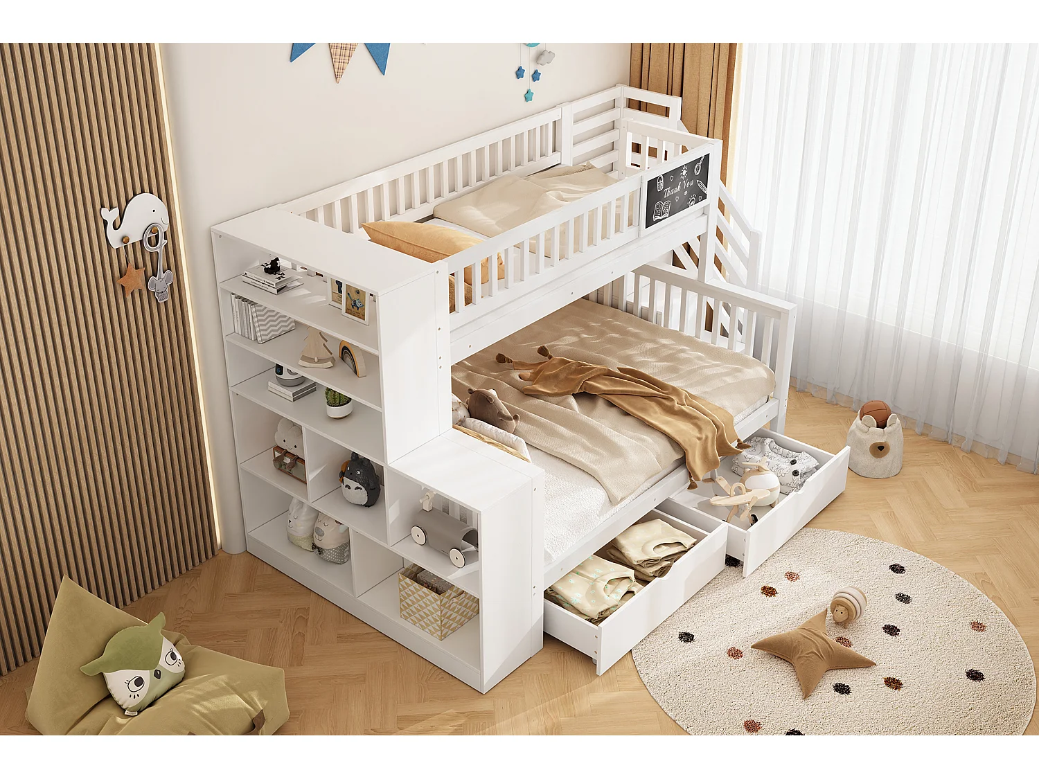 Stapelbed 90x200cm en 140x200cm - Kinderbed met krijtbord, 2 lades en planken - Wit