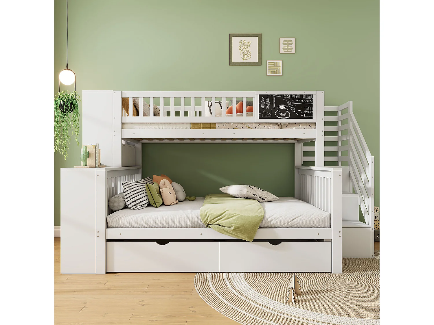 Stapelbed 90x200cm en 140x200cm - Kinderbed met krijtbord, 2 lades en planken - Wit
