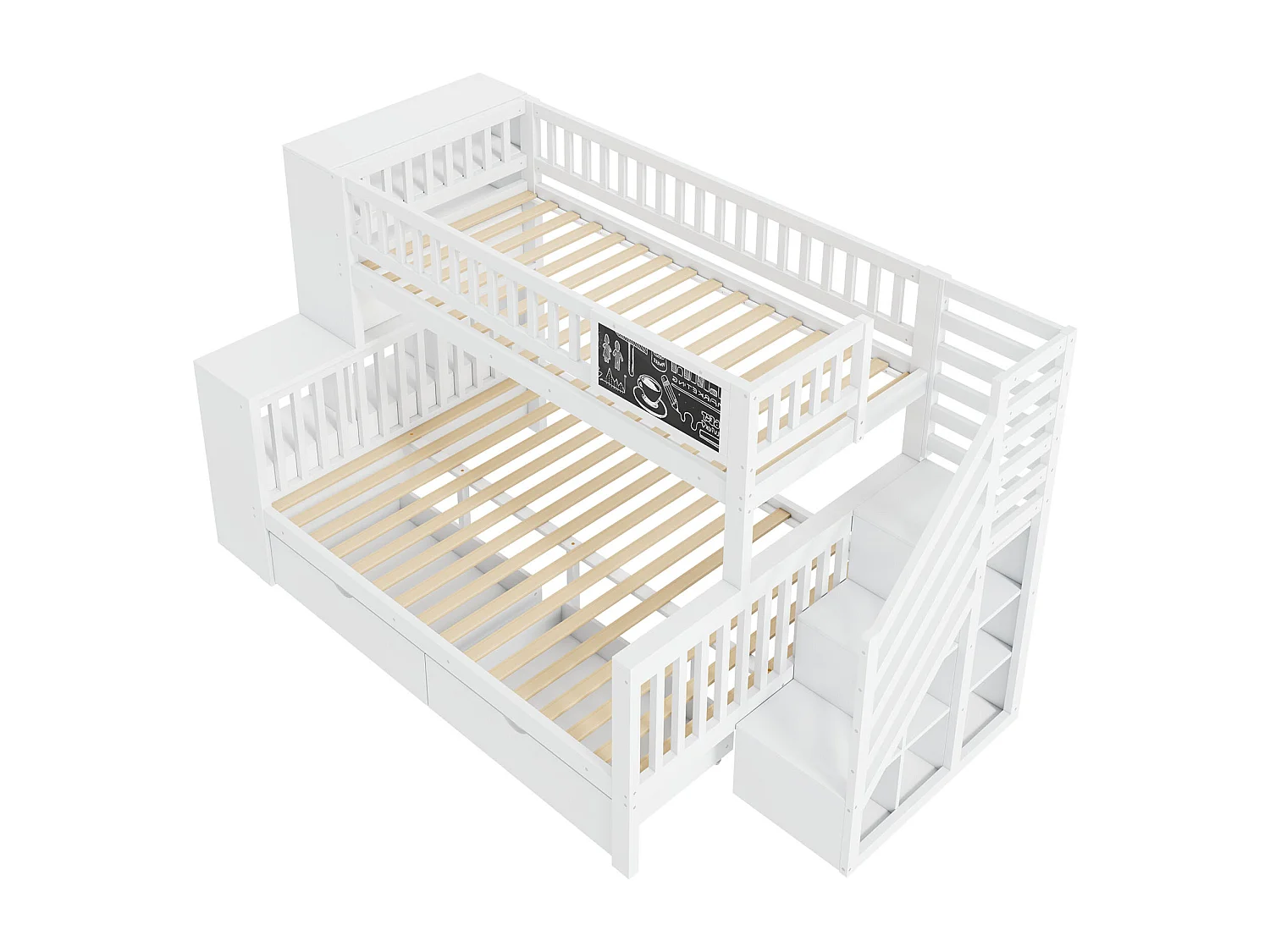 Stapelbed 90x200cm en 140x200cm - Kinderbed met krijtbord, 2 lades en planken - Wit