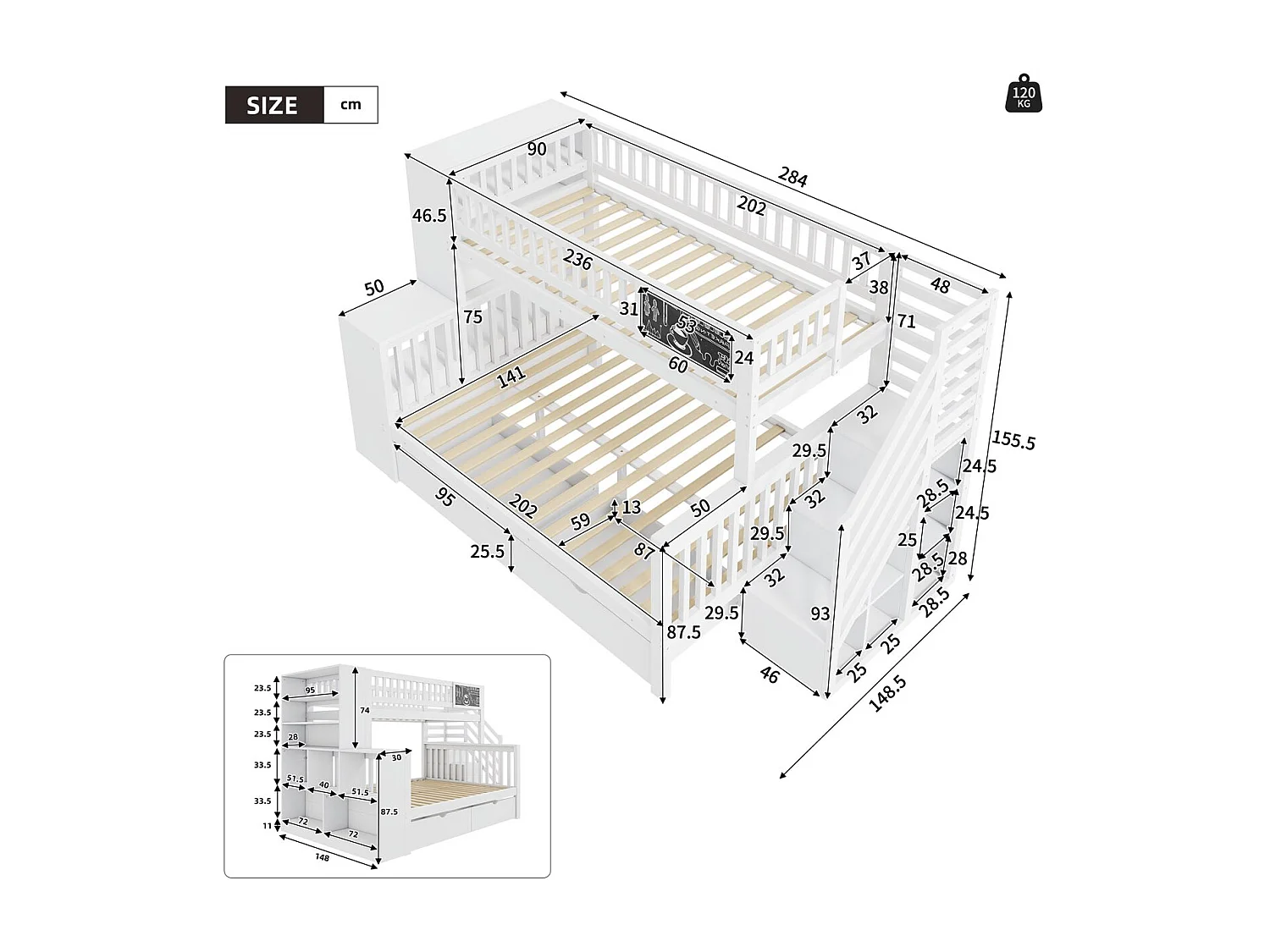 Stapelbed 90x200cm en 140x200cm - Kinderbed met krijtbord, 2 lades en planken - Wit