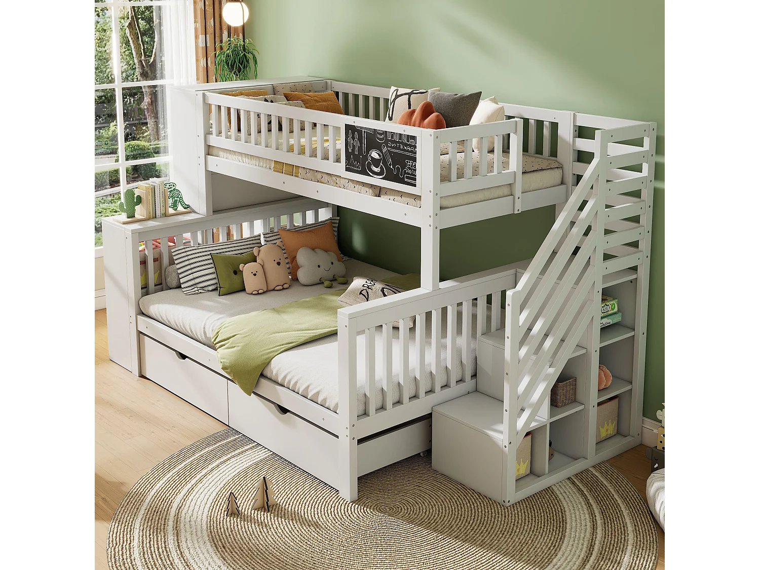 Stapelbed 90x200cm en 140x200cm - Kinderbed met krijtbord, 2 lades en planken - Wit