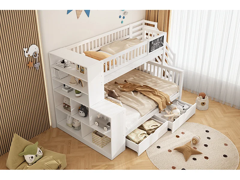Stapelbed 90x200cm en 140x200cm - Kinderbed met krijtbord, 2 lades en planken - Wit