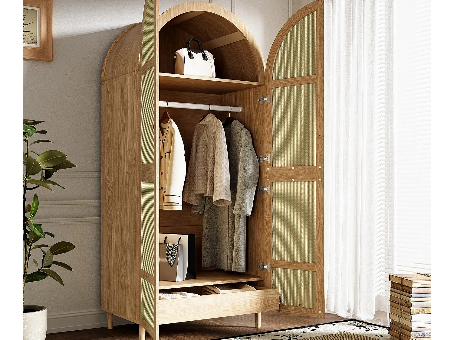 Moderne Schrank 80x50x179 cm - 2 gebogene Türen und 1 Schublade - Kleiderstange und Regale - Aus Rattan - MDF - Natur