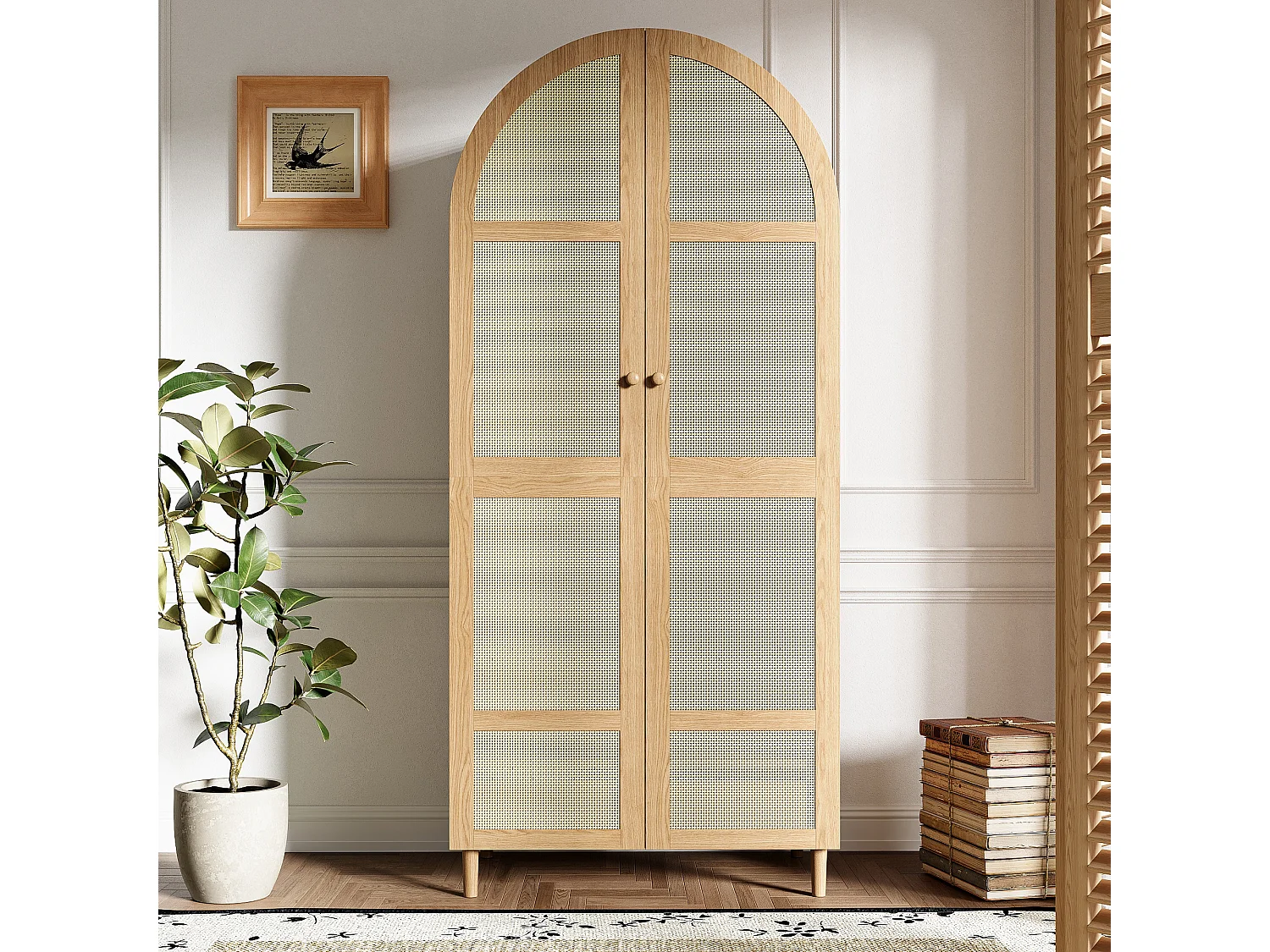 Moderne Schrank 80x50x179 cm - 2 gebogene Türen und 1 Schublade - Kleiderstange und Regale - Aus Rattan - MDF - Natur