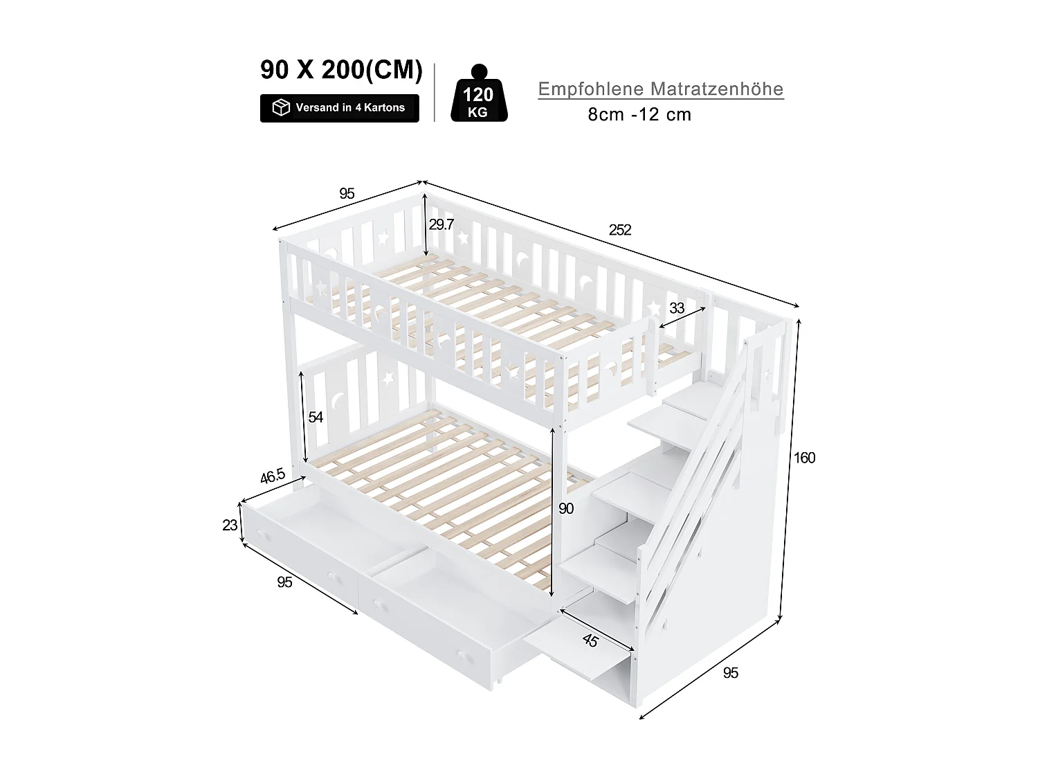 Lit superposé enfant 90 x 200 cm avec 2 tiroirs et escalier de rangement - Blanc