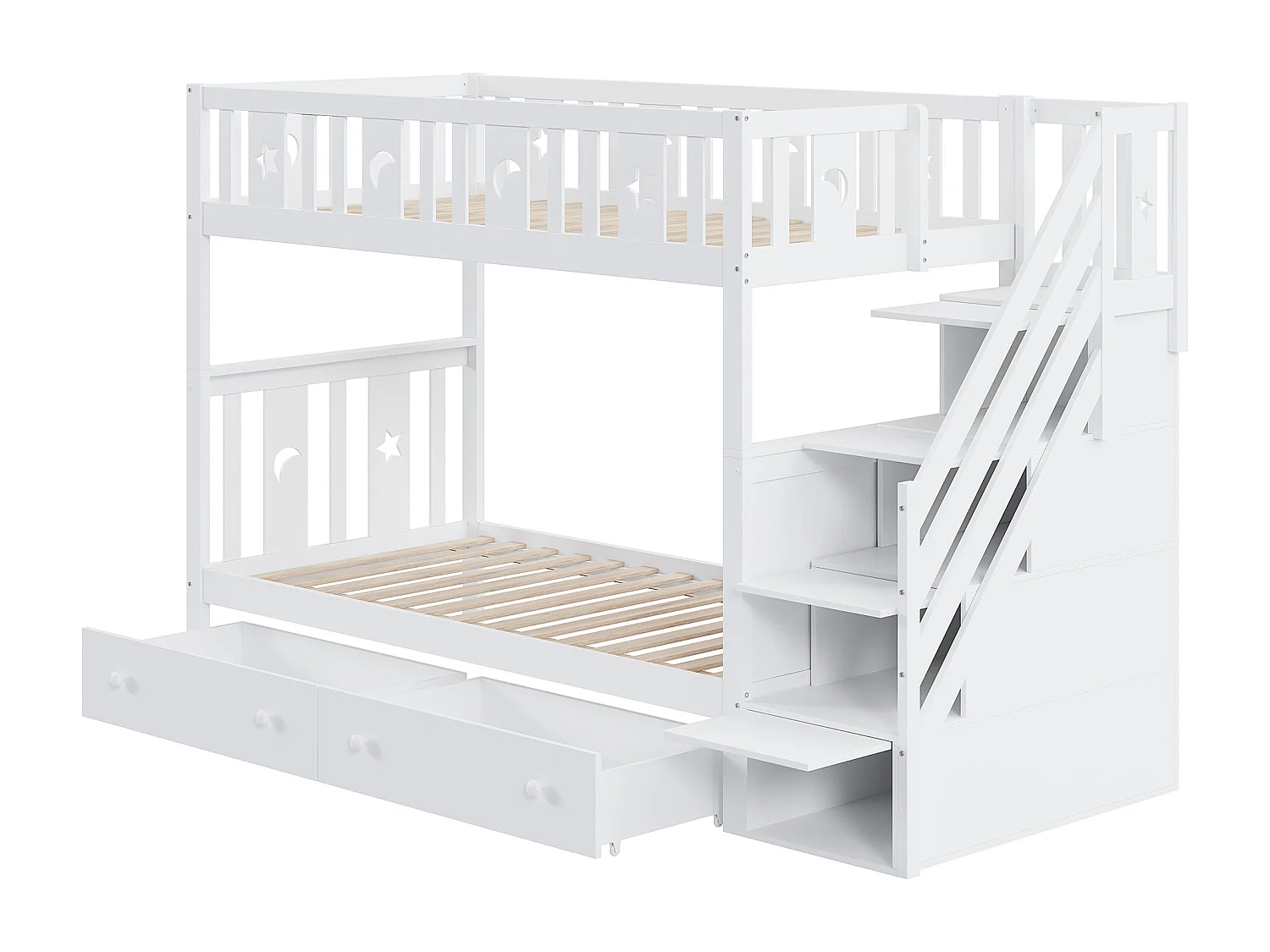 Lit superposé enfant 90 x 200 cm avec 2 tiroirs et escalier de rangement - Blanc