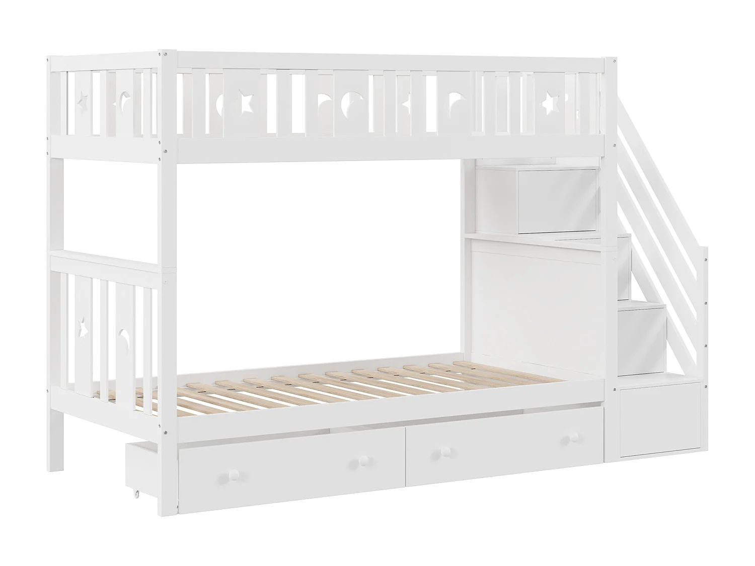 Lit superposé enfant 90 x 200 cm avec 2 tiroirs et escalier de rangement - Blanc