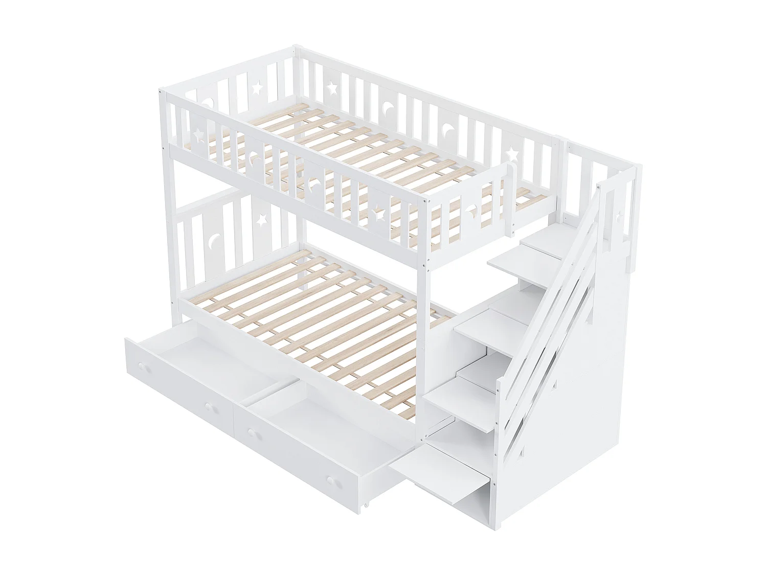 Lit superposé enfant 90 x 200 cm avec 2 tiroirs et escalier de rangement - Blanc