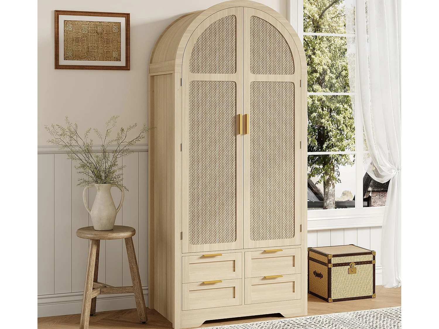 Moderne Schrank 80x50x179 cm - 2 gebogene Türen aus Rattan - 4 Schubladen - mit Kleiderstange - MDF - Natur