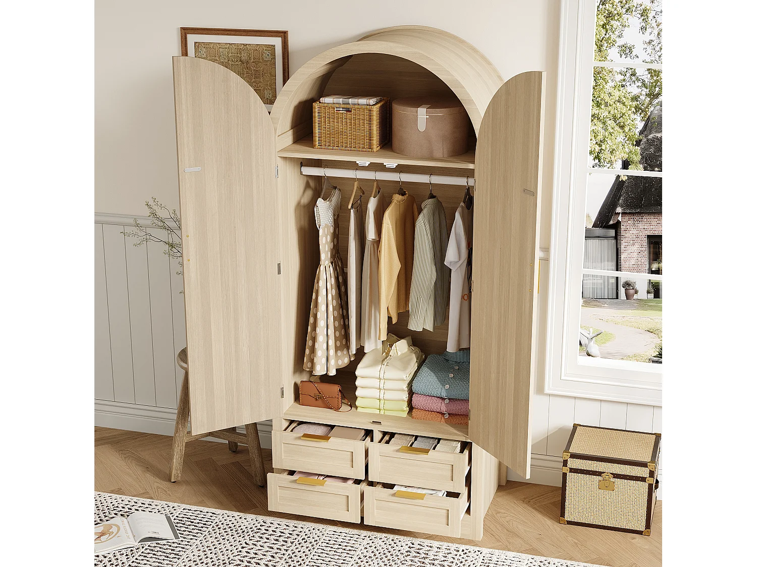 Moderne Schrank 80x50x179 cm - 2 gebogene Türen aus Rattan - 4 Schubladen - mit Kleiderstange - MDF - Natur