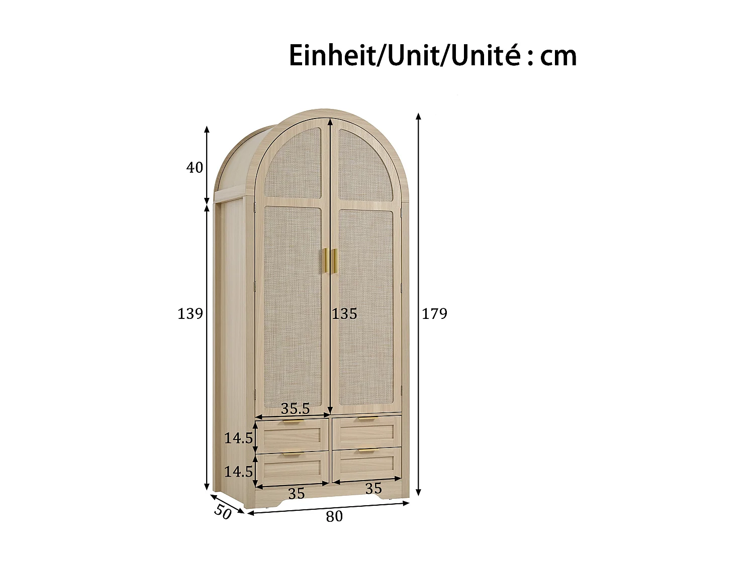 Moderne Schrank 80x50x179 cm - 2 gebogene Türen aus Rattan - 4 Schubladen - mit Kleiderstange - MDF - Natur