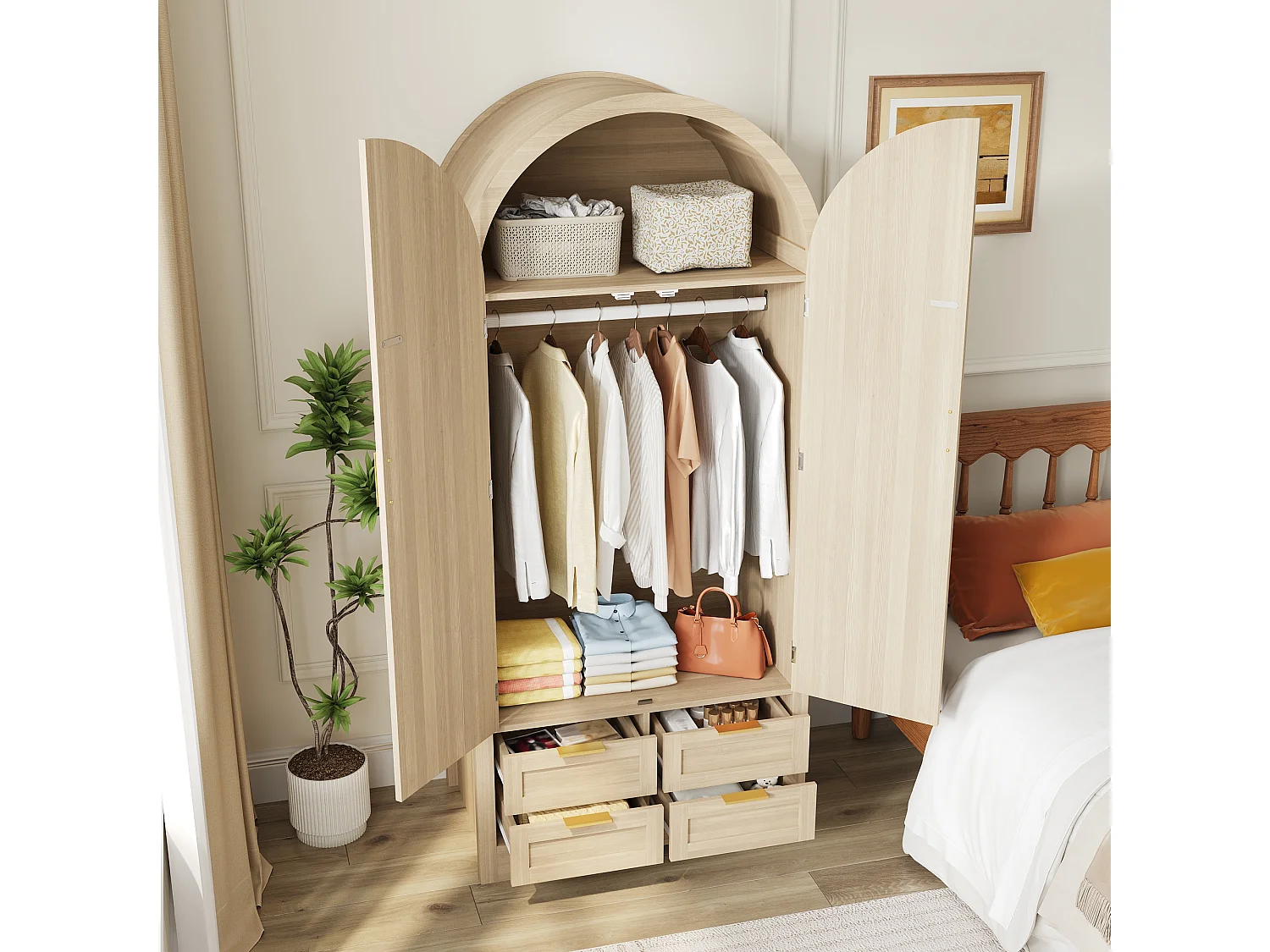 Moderne Schrank 80x50x179 cm - 2 gebogene Türen aus Rattan - 4 Schubladen - mit Kleiderstange - MDF - Natur