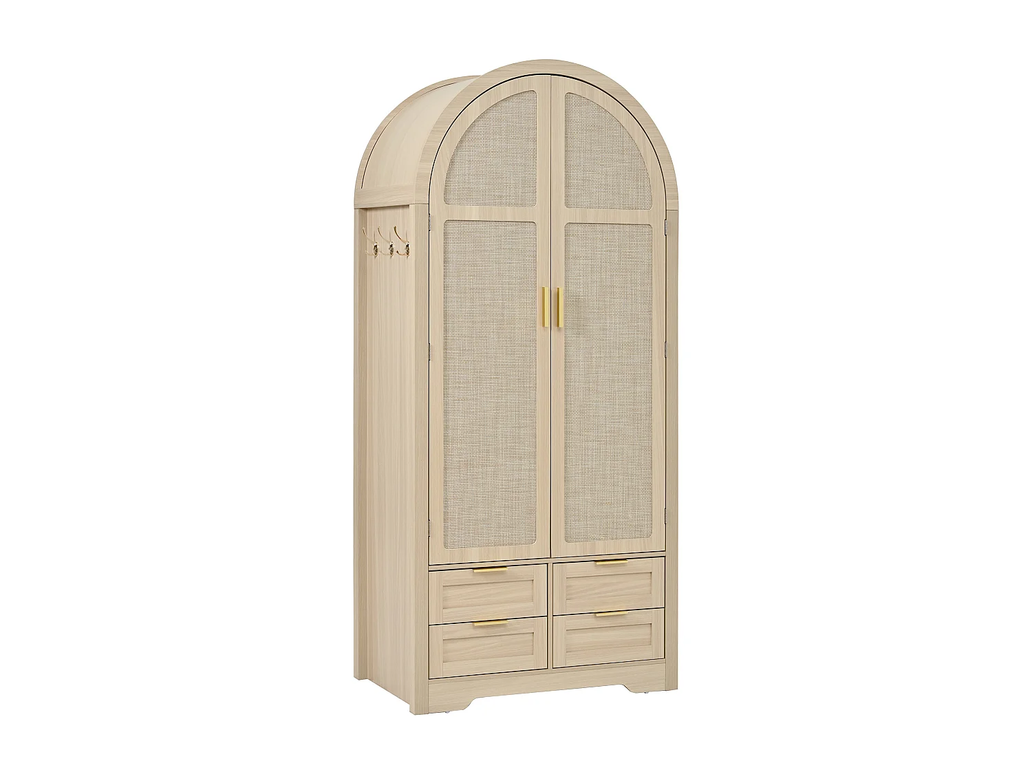Moderne Schrank 80x50x179 cm - 2 gebogene Türen aus Rattan - 4 Schubladen - mit Kleiderstange - MDF - Natur