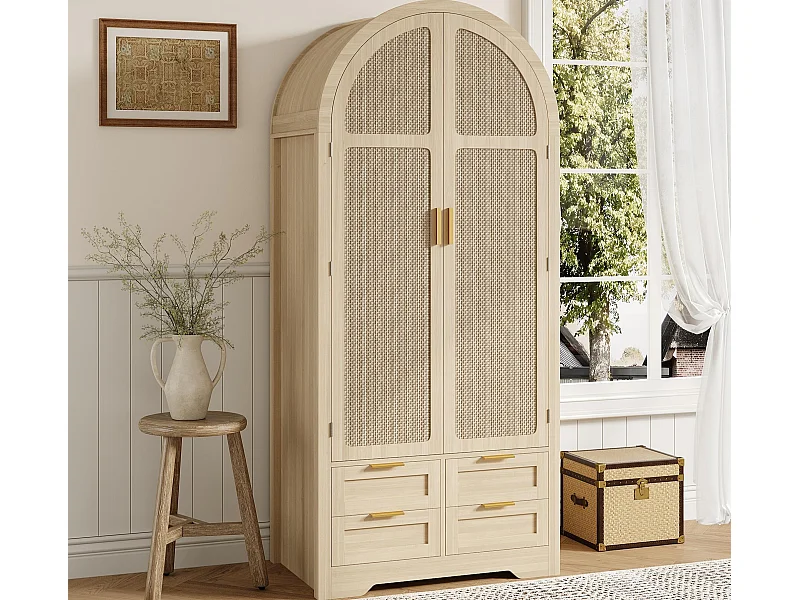 Moderne Schrank 80x50x179 cm - 2 gebogene Türen aus Rattan - 4 Schubladen - mit Kleiderstange - MDF - Natur