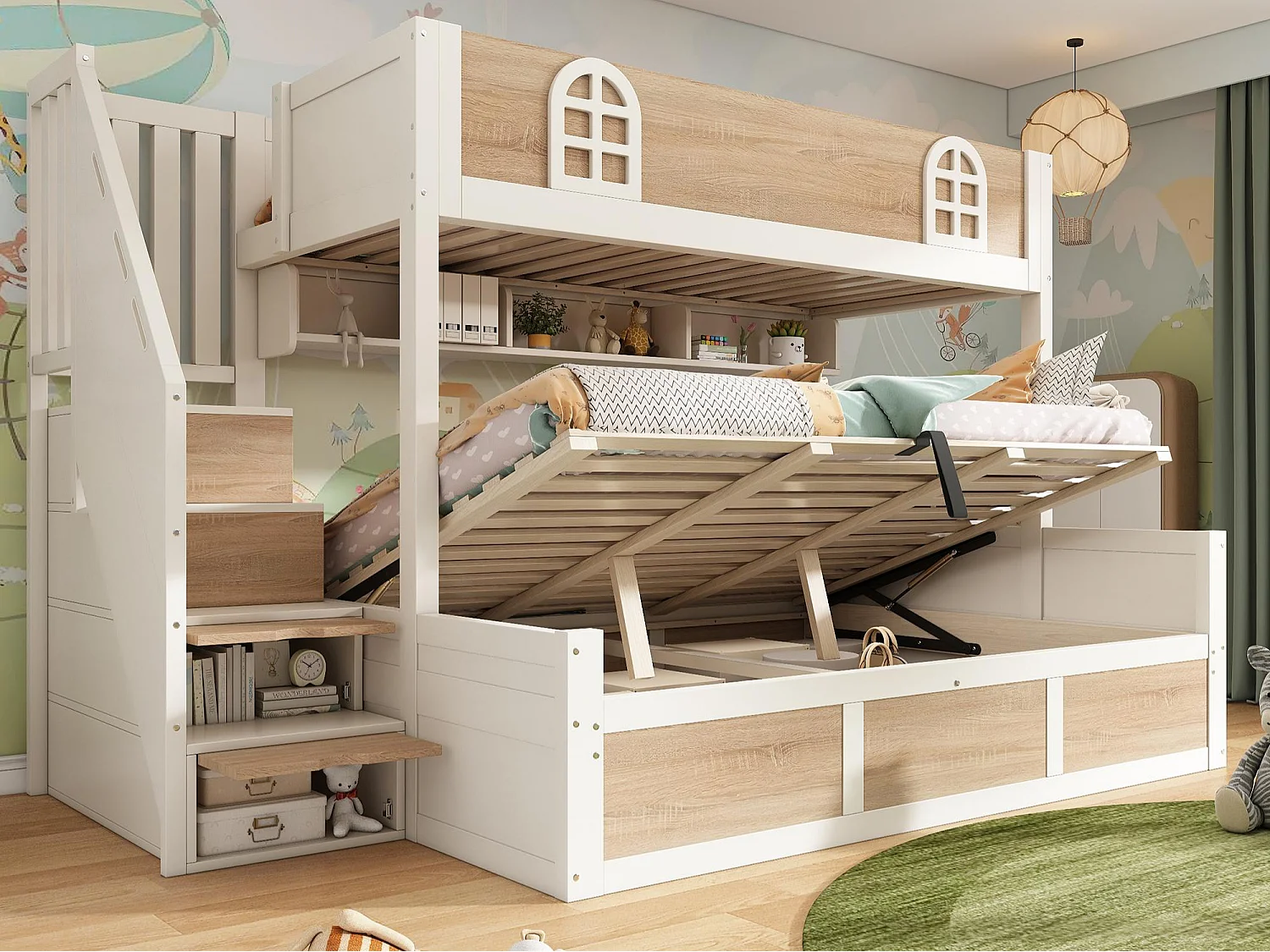 Łóżko piętrowe 90x200cm + 140x200cm - Dolne łóżko z miejscem do przechowywania - drabina z pojemnikami - Biały + Naturalny