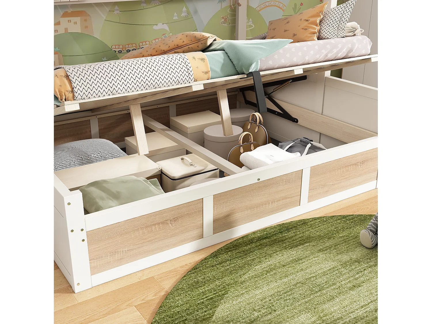 Łóżko piętrowe 90x200cm + 140x200cm - Dolne łóżko z miejscem do przechowywania - drabina z pojemnikami - Biały + Naturalny