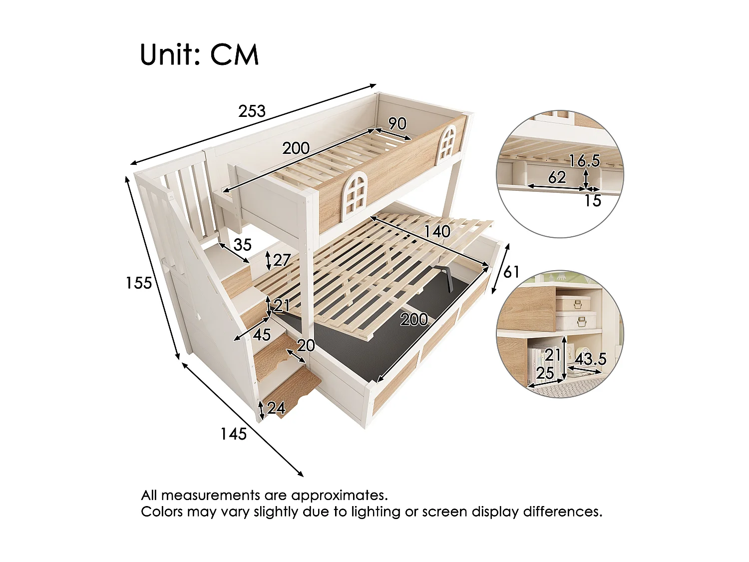 Łóżko piętrowe 90x200cm + 140x200cm - Dolne łóżko z miejscem do przechowywania - drabina z pojemnikami - Biały + Naturalny