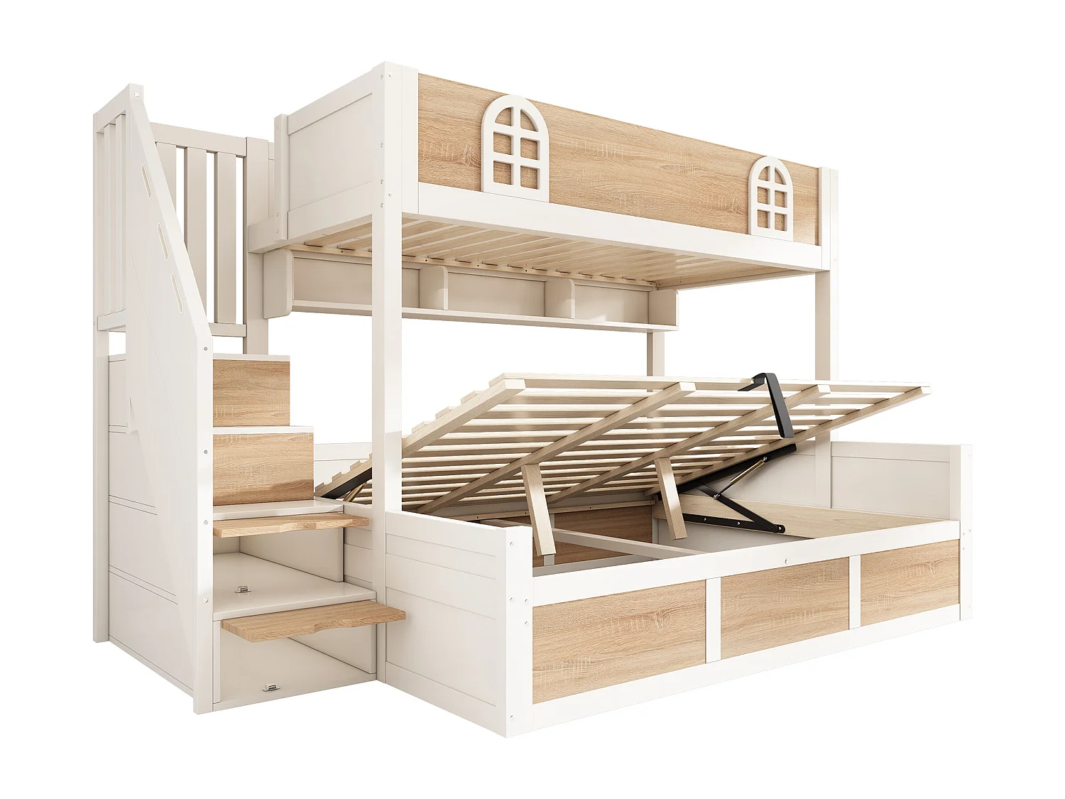 Łóżko piętrowe 90x200cm + 140x200cm - Dolne łóżko z miejscem do przechowywania - drabina z pojemnikami - Biały + Naturalny