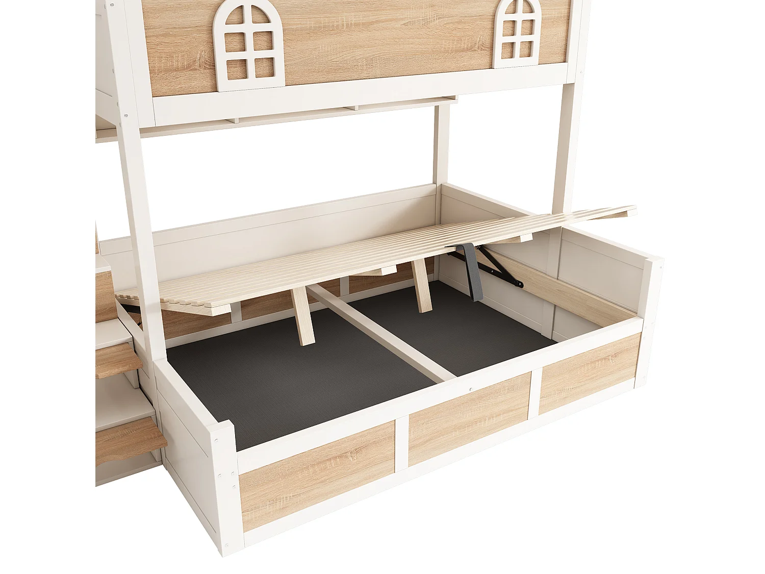 Łóżko piętrowe 90x200cm + 140x200cm - Dolne łóżko z miejscem do przechowywania - drabina z pojemnikami - Biały + Naturalny