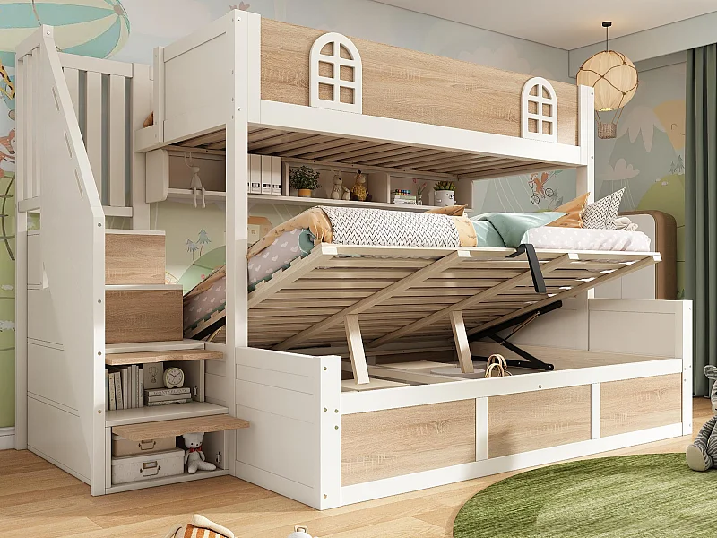 Łóżko piętrowe 90x200cm + 140x200cm - Dolne łóżko z miejscem do przechowywania - drabina z pojemnikami - Biały + Naturalny