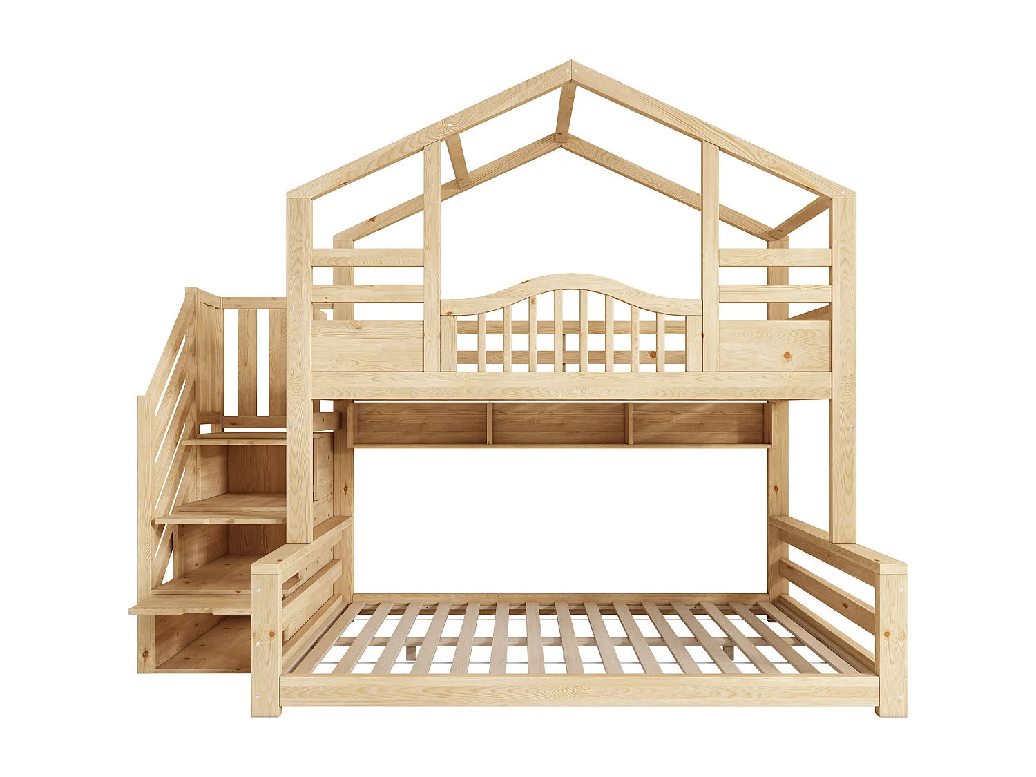 Stapelbed 90x200cm + 140x200cm - huisontwerp - met opbergtrap en planken - Massief hout + MDF - Natuur​ (zonder matras)