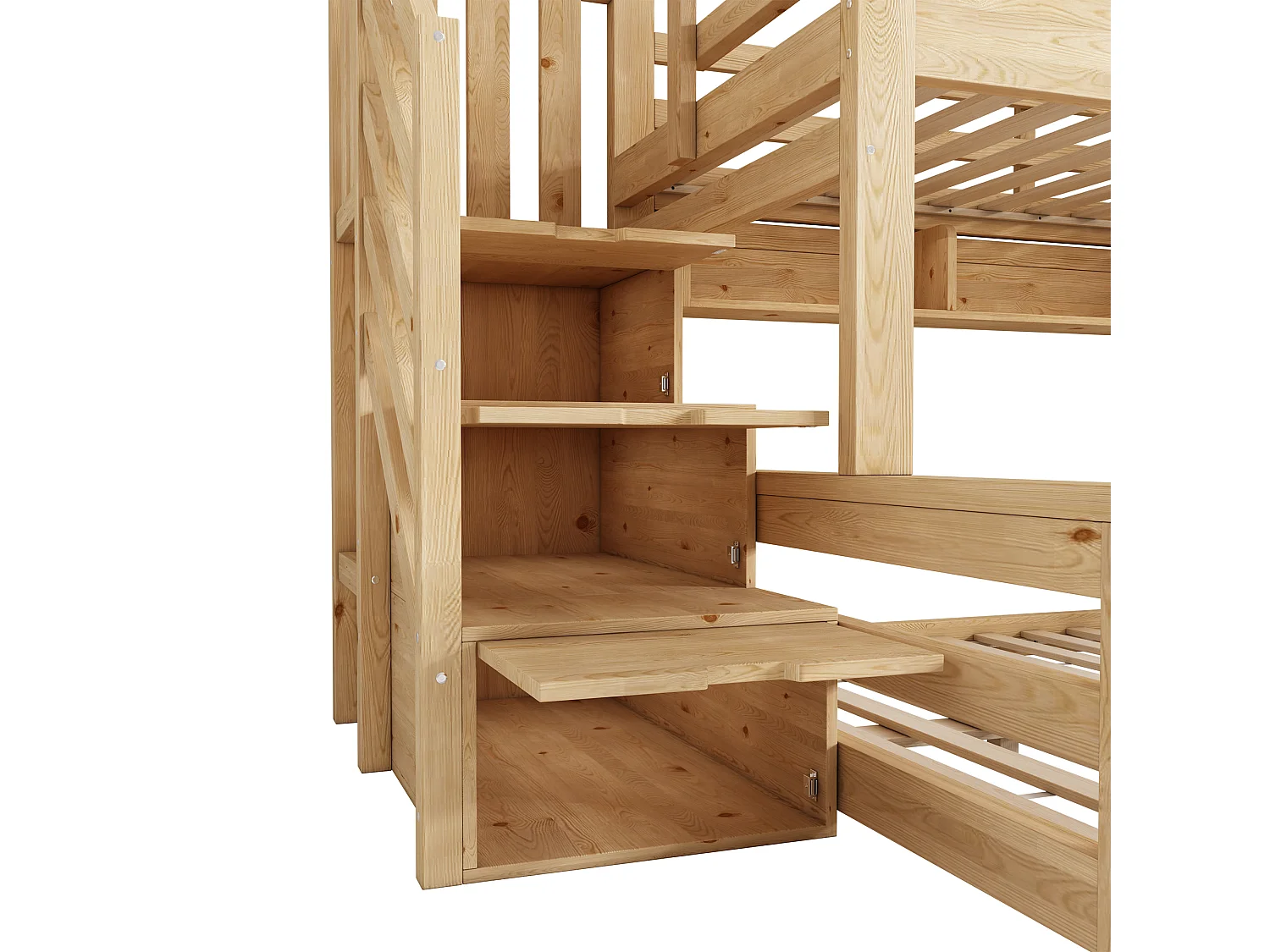 Stapelbed 90x200cm + 140x200cm - huisontwerp - met opbergtrap en planken - Massief hout + MDF - Natuur​ (zonder matras)